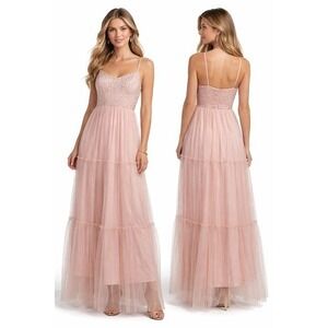 Womens Blush Pink Sequin Maxi Dress Medium Spaghetti Strap Formal Tulle
